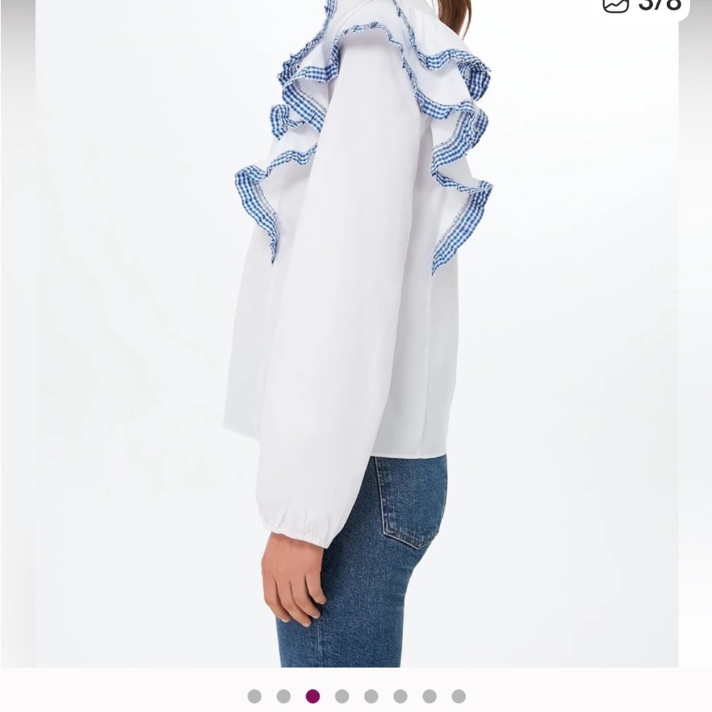Hyacinth House Chic White Blouse with Blue Ruffle Trim - Picture 3 of 7